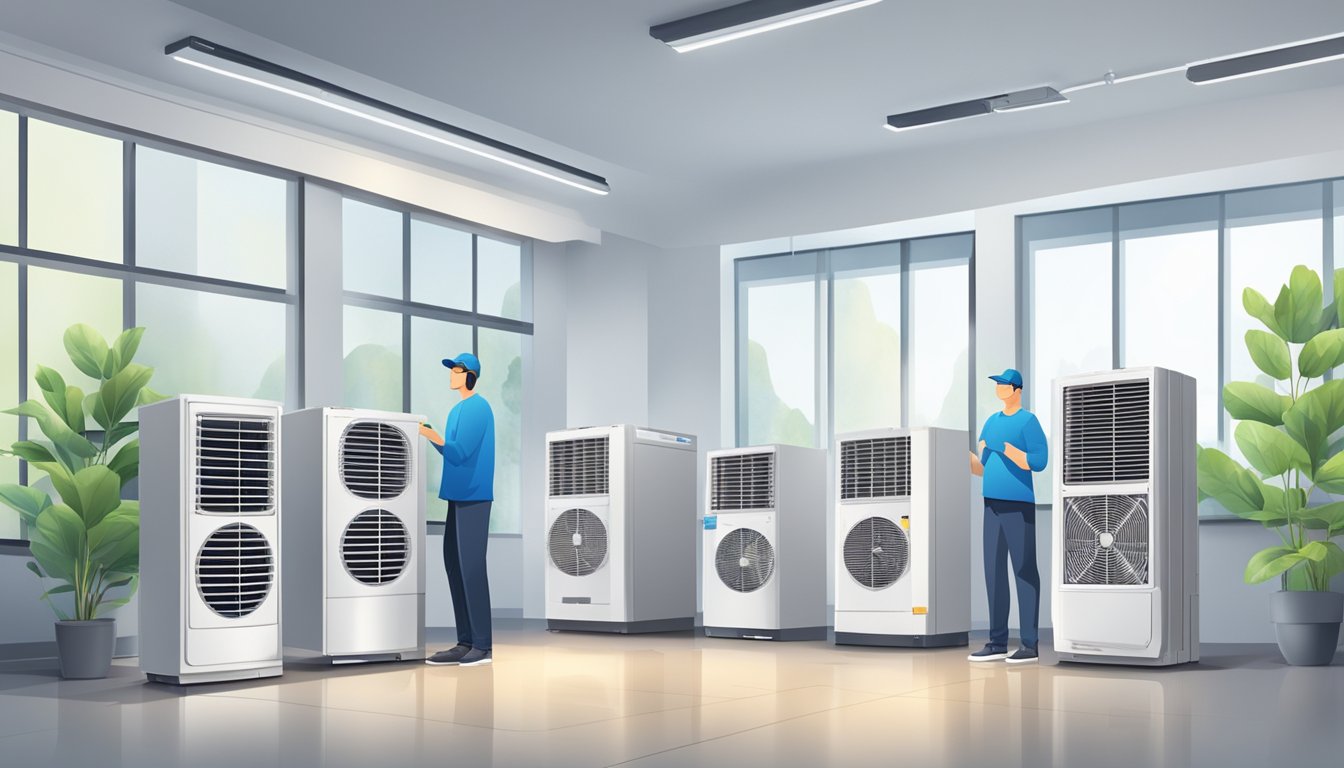 Various aircon units displayed in a spacious showroom with price tags and energy efficiency ratings. Customers comparing features and consulting sales staff