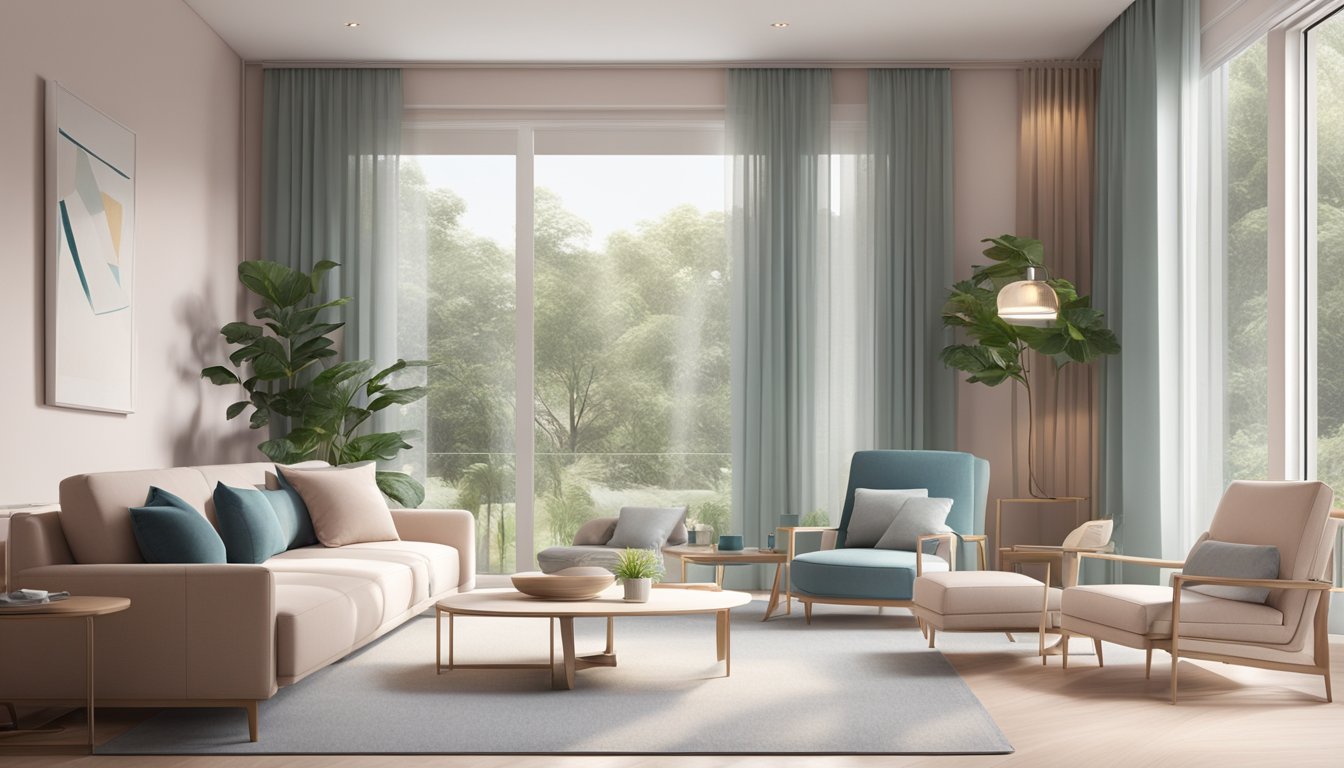 The aircon unit is set against a backdrop of a modern living room, with sleek furniture and a soft color palette. The unit is shown emitting a gentle breeze, creating a comfortable and relaxing atmosphere