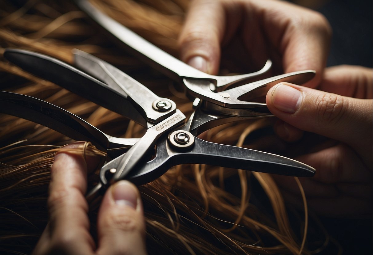 A pair of scissors cutting through a tangle of pubic hair