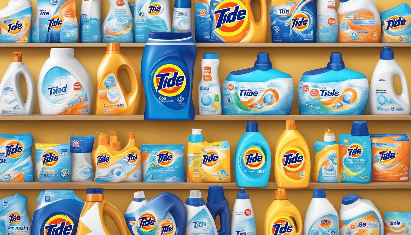 A display of Tide brand products, including detergent, fabric softener, and stain remover, with prominent features highlighted