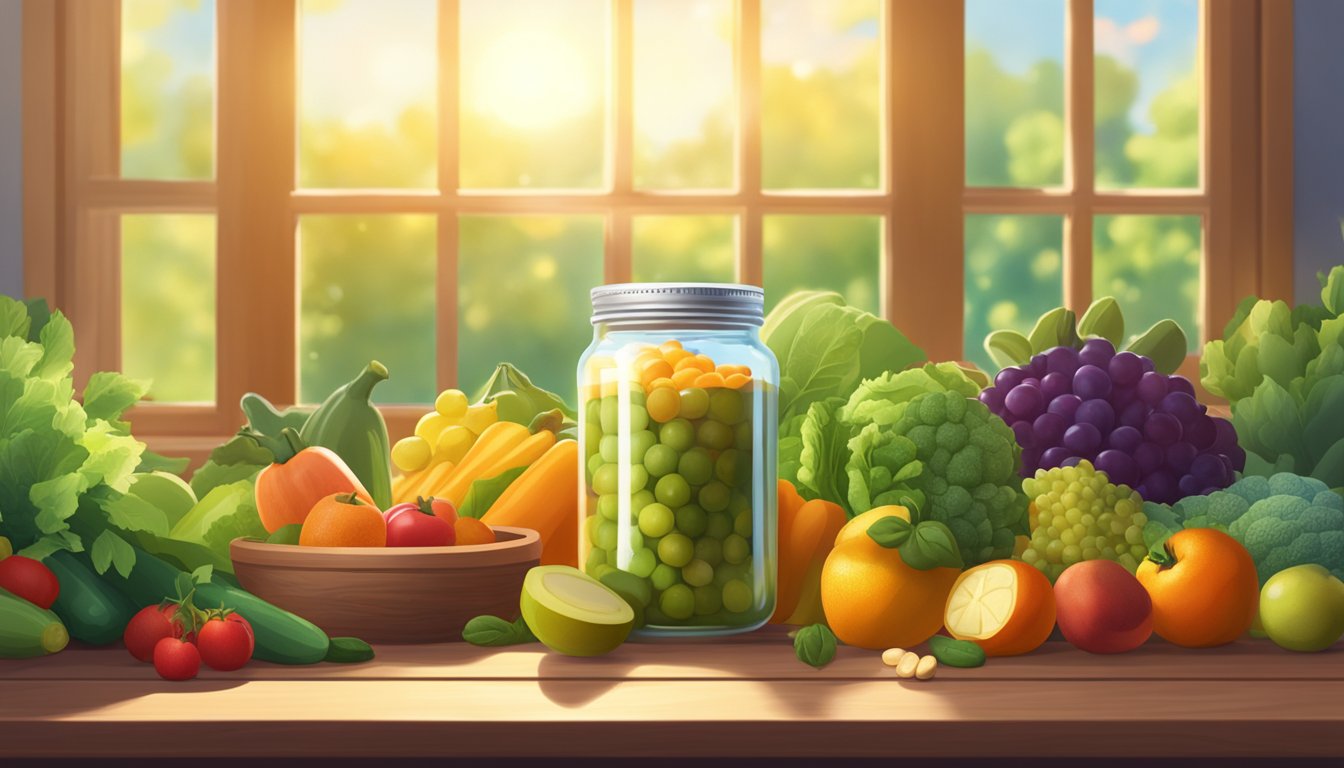 A jar of lutein supplements sits on a wooden table, surrounded by vibrant fruits and vegetables. The sun shines through a nearby window, casting a warm glow on the scene