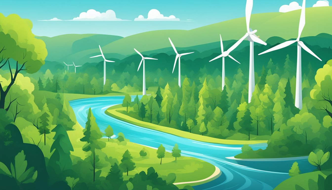 A lush green forest with a flowing river, wind turbines in the background, and a clear blue sky above, representing sustainability and environmental initiatives for the Tide brand