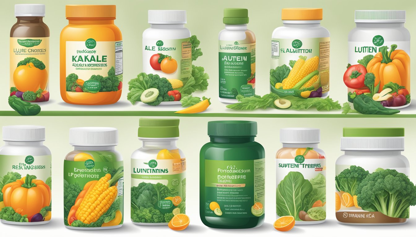A vibrant assortment of fruits and vegetables, such as kale, spinach, corn, and orange peppers, are displayed alongside a bottle of lutein supplements