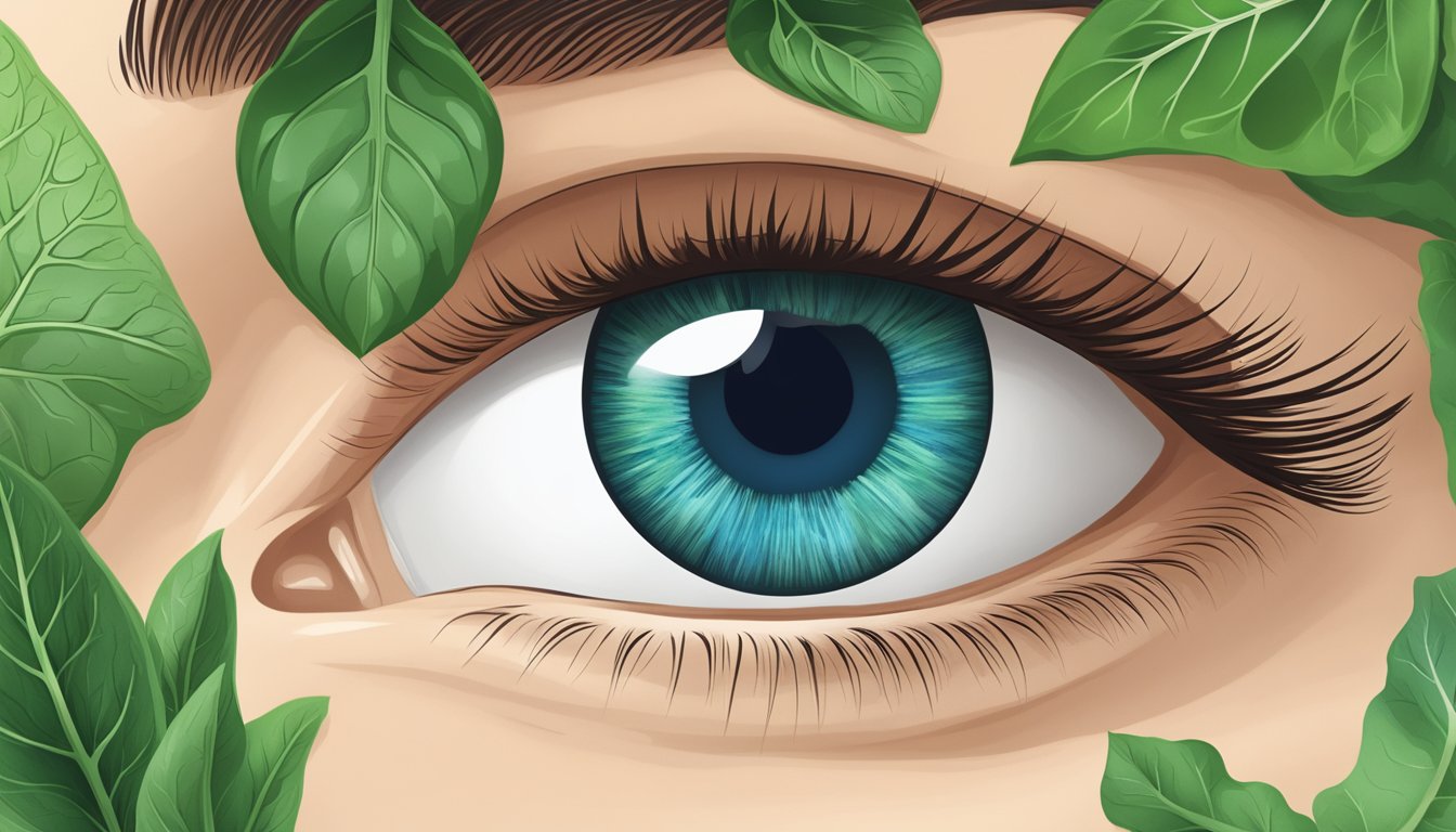 A clear blue eye with lutein-rich foods like spinach and kale surrounding it, representing the role of lutein in vision health