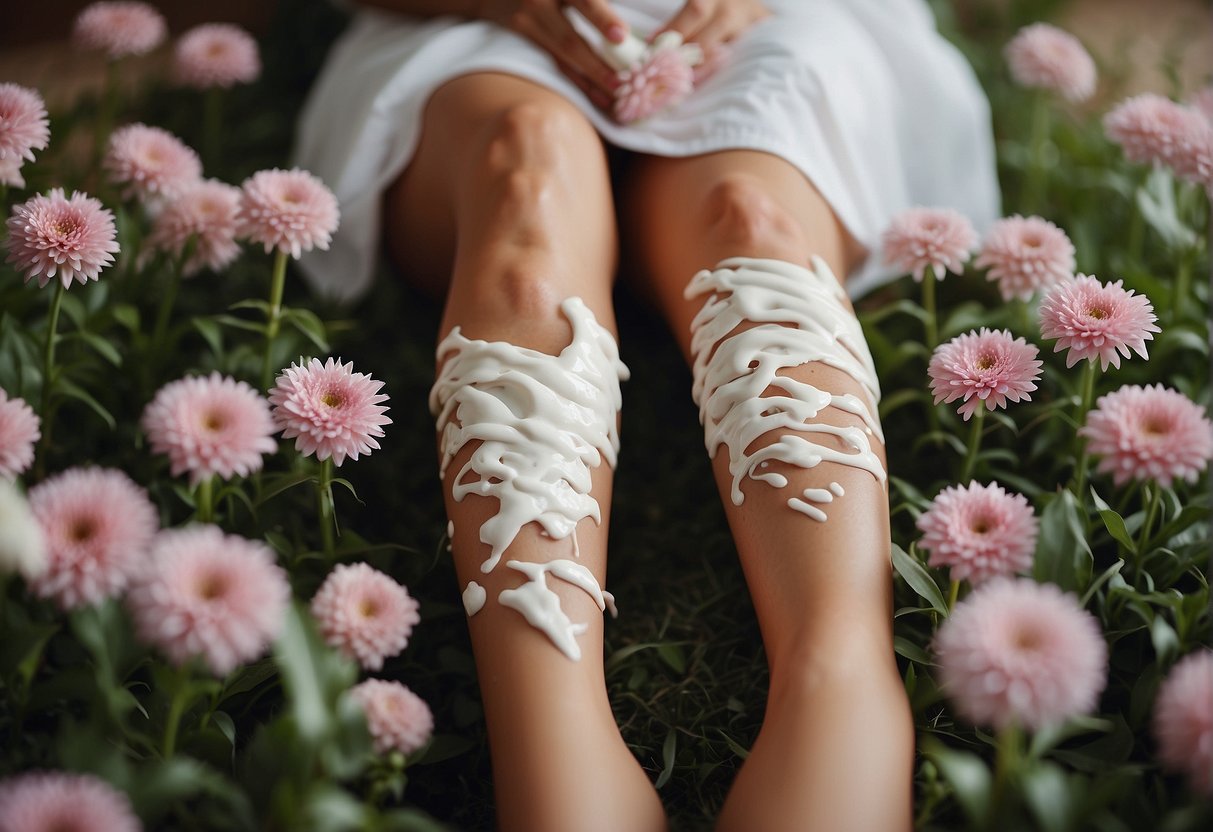 A woman's legs with a razor and shaving cream, surrounded by flowers and a calming atmosphere