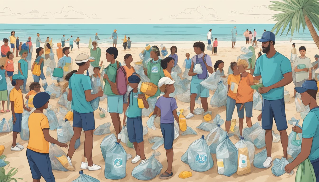 A diverse group gathers around a beach cleanup, with people of all ages and backgrounds working together to collect plastic waste and protect the environment