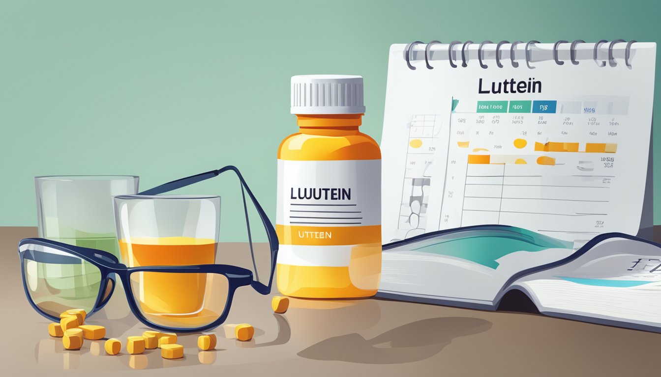 A vibrant bottle of Lutein supplement stands next to an eye chart and a pair of glasses, highlighting the importance of overall eye care