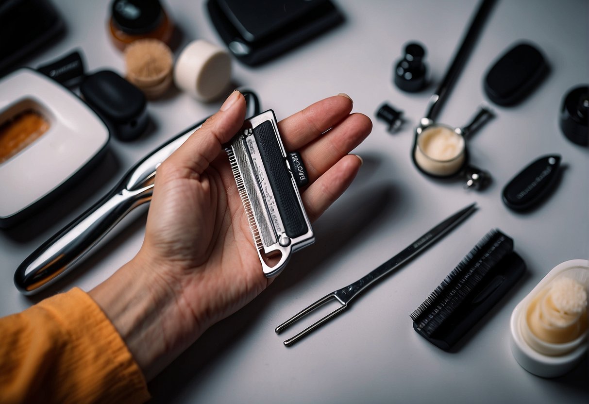 A woman's hand holding a razor, surrounded by a variety of grooming products and a list of benefits and risks of shaving pubic hair