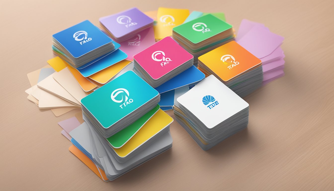 A stack of colorful FAQ cards with Tide brand logo displayed on a clean, modern desk