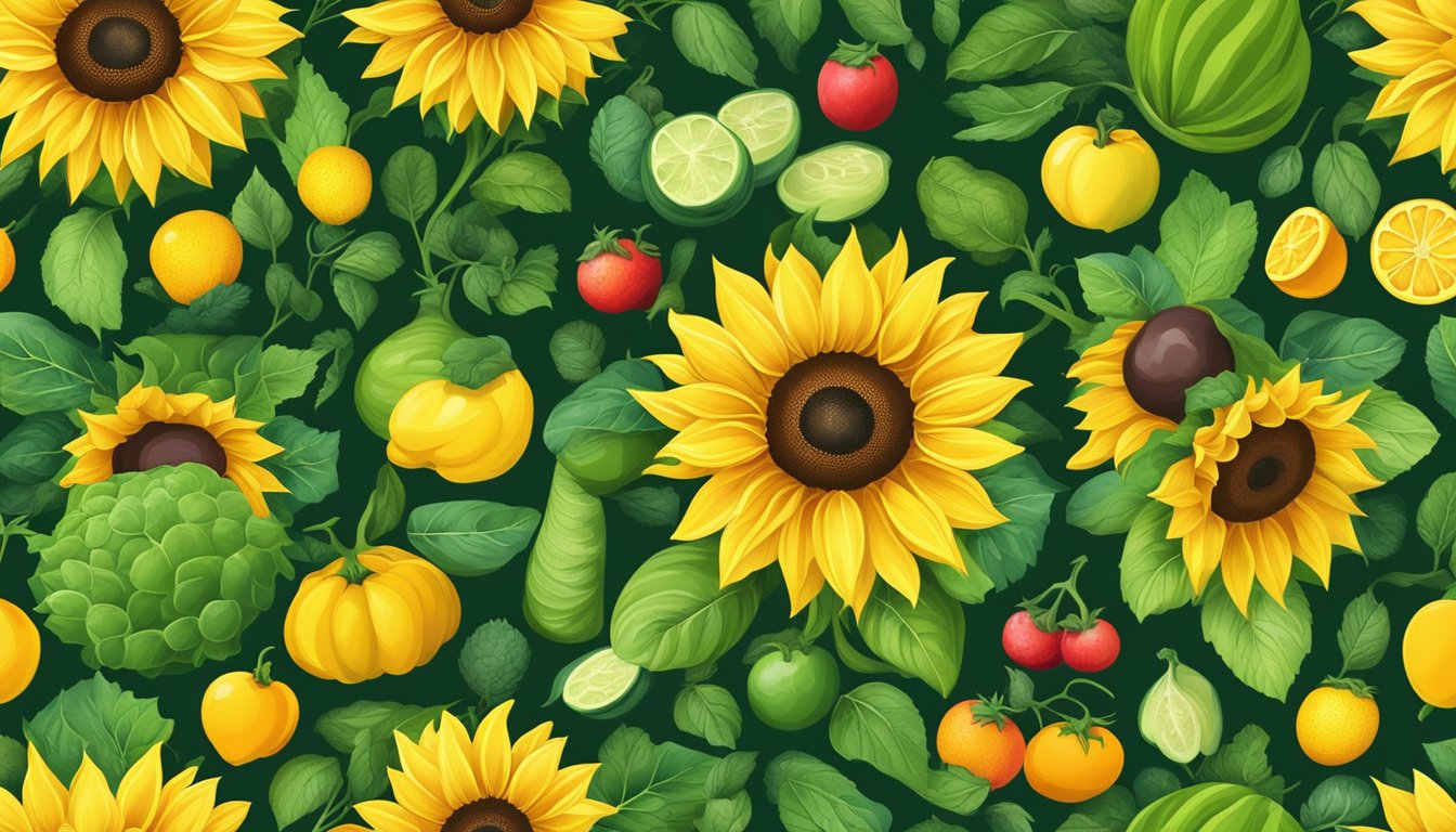 A bright yellow sunflower with vibrant green leaves, surrounded by a variety of colorful fruits and vegetables, all radiating a healthy glow