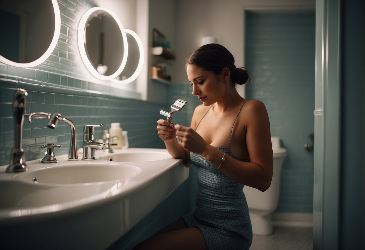 A woman shaving her pubic hair with a razor in a bathroom