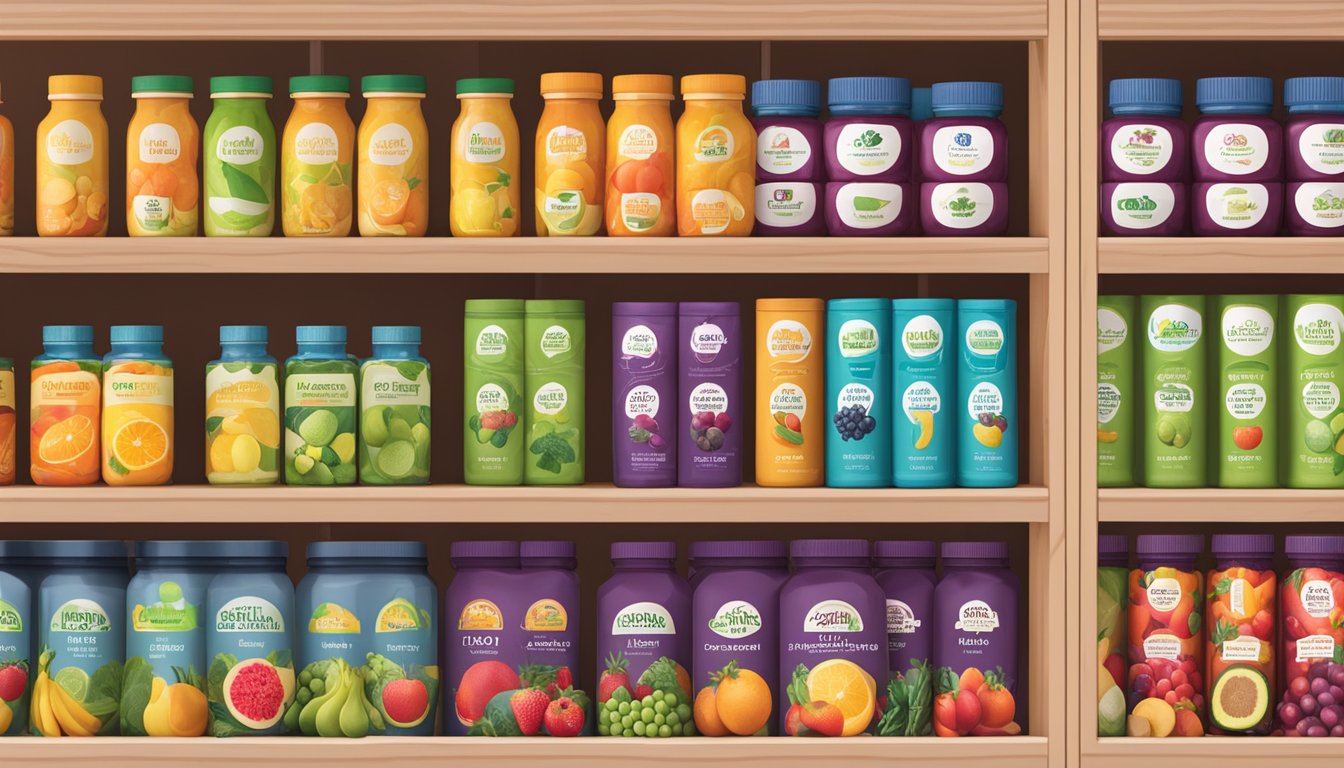 A variety of lutein supplement brands displayed on shelves with clear labels and colorful packaging, surrounded by images of vibrant fruits and vegetables