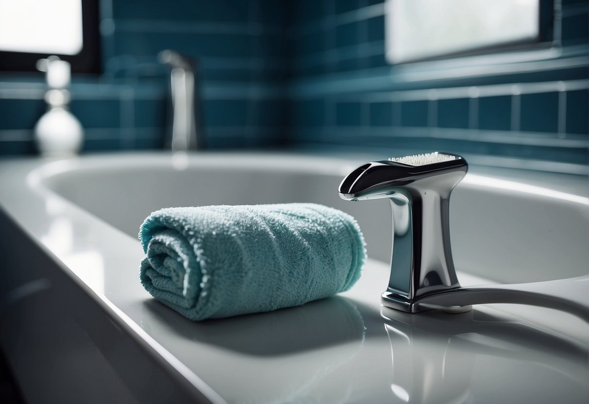 A clean, modern bathroom with a razor, shaving cream, and a towel
