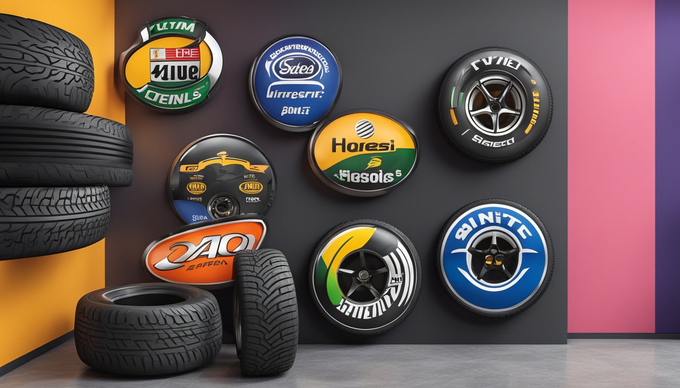 Several tyre brands logos displayed on a shop wall