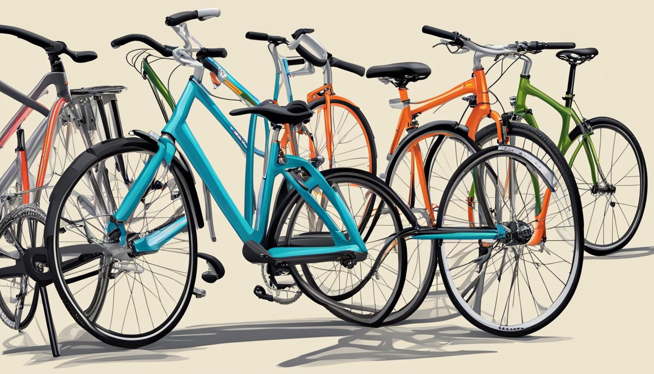 Various bicycles lined up, including mountain, road, and cruiser types. Brand names like Trek, Specialized, and Schwinn are visible on the frames