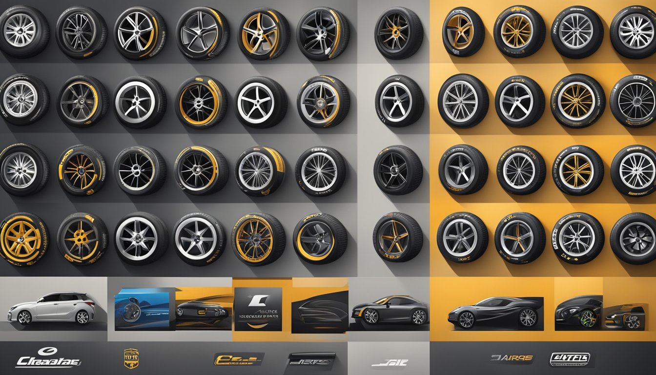 A display of top tyre brands, each with distinct logos and designs, arranged on a clean, modern backdrop
