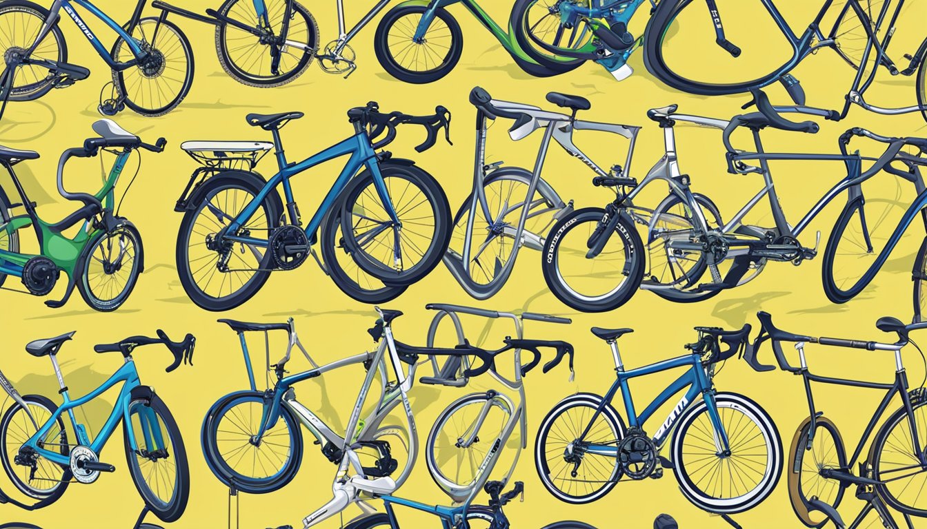 A group of bicycles from various brands lined up for comparison, with a focus on their build quality and performance features