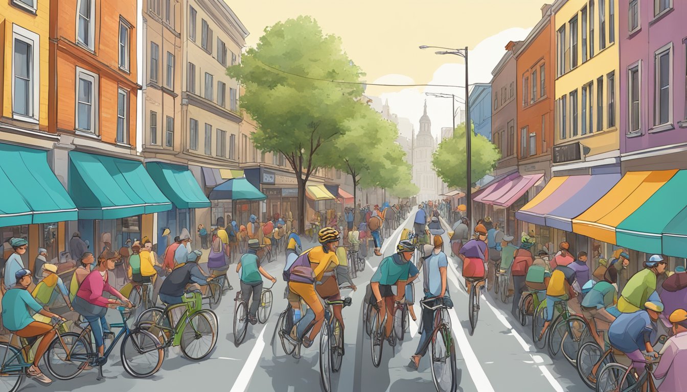 A bustling city street lined with colorful bicycles, with cyclists chatting and laughing outside a community bike shop