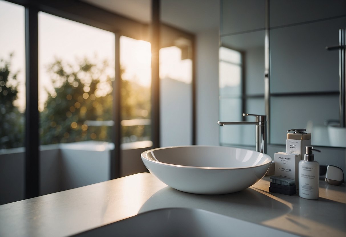 A clean, modern bathroom with a focus on personal hygiene products and a sign reading "Frequently Asked Questions: Is it hygienic to have pubic hair?"