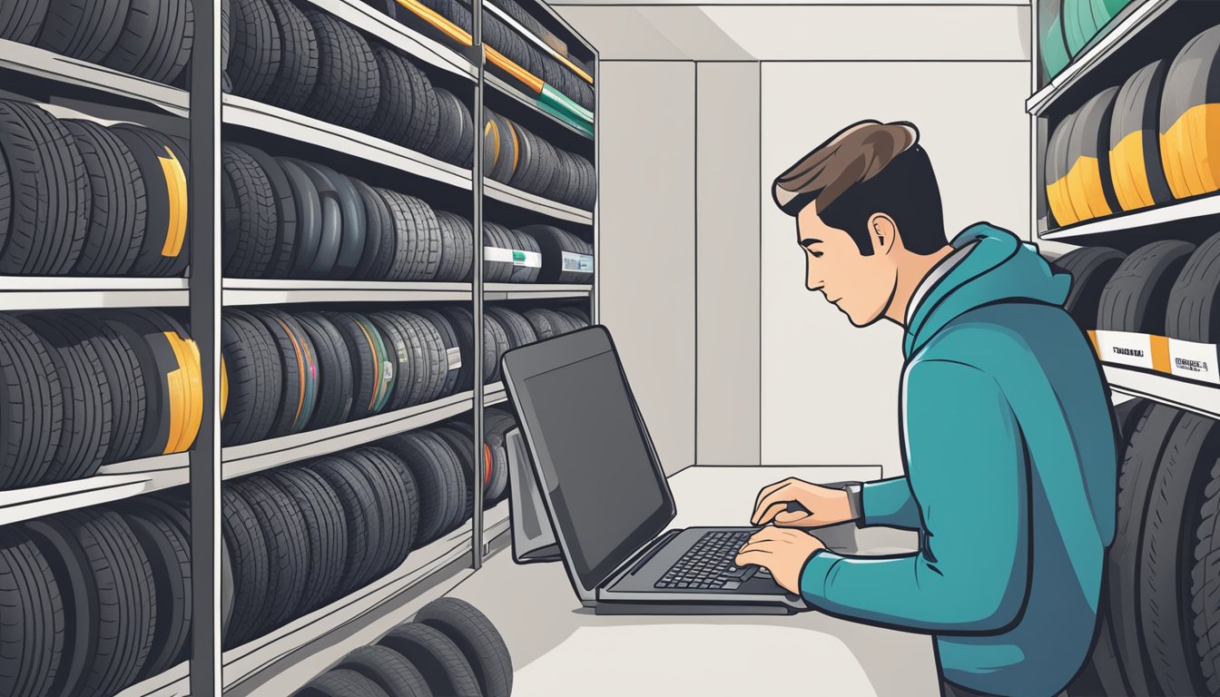 A person comparing different tyre brands on a computer screen, surrounded by shelves of various tyre options