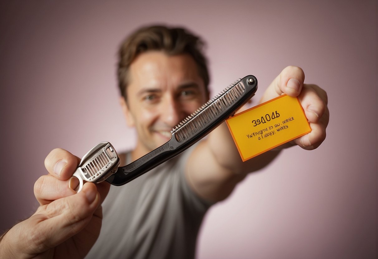 A person holding a razor near a patch of pubic hair, with a warning sign on one side and a happy face on the other