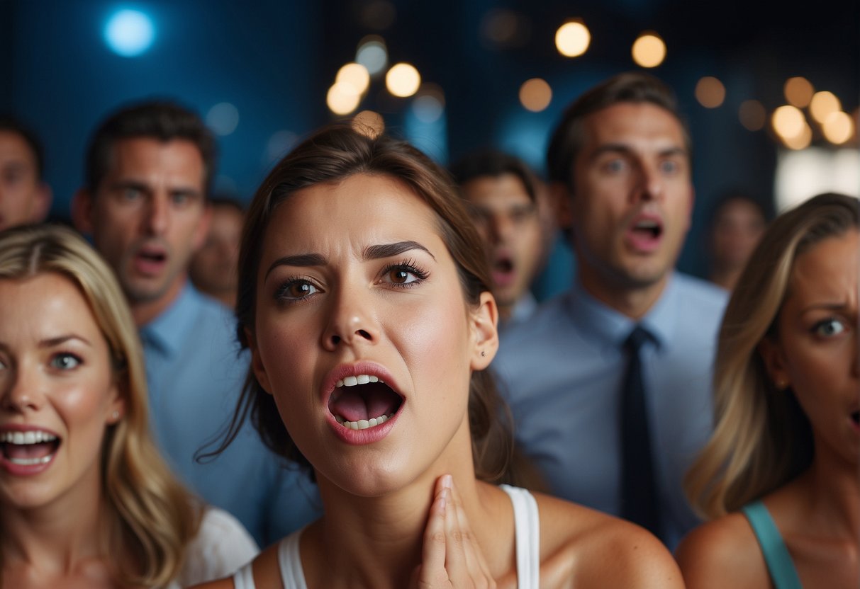 A group of people react with shock and discomfort to a public display of pubic hair removal, highlighting the negative social and psychological impact of the practice
