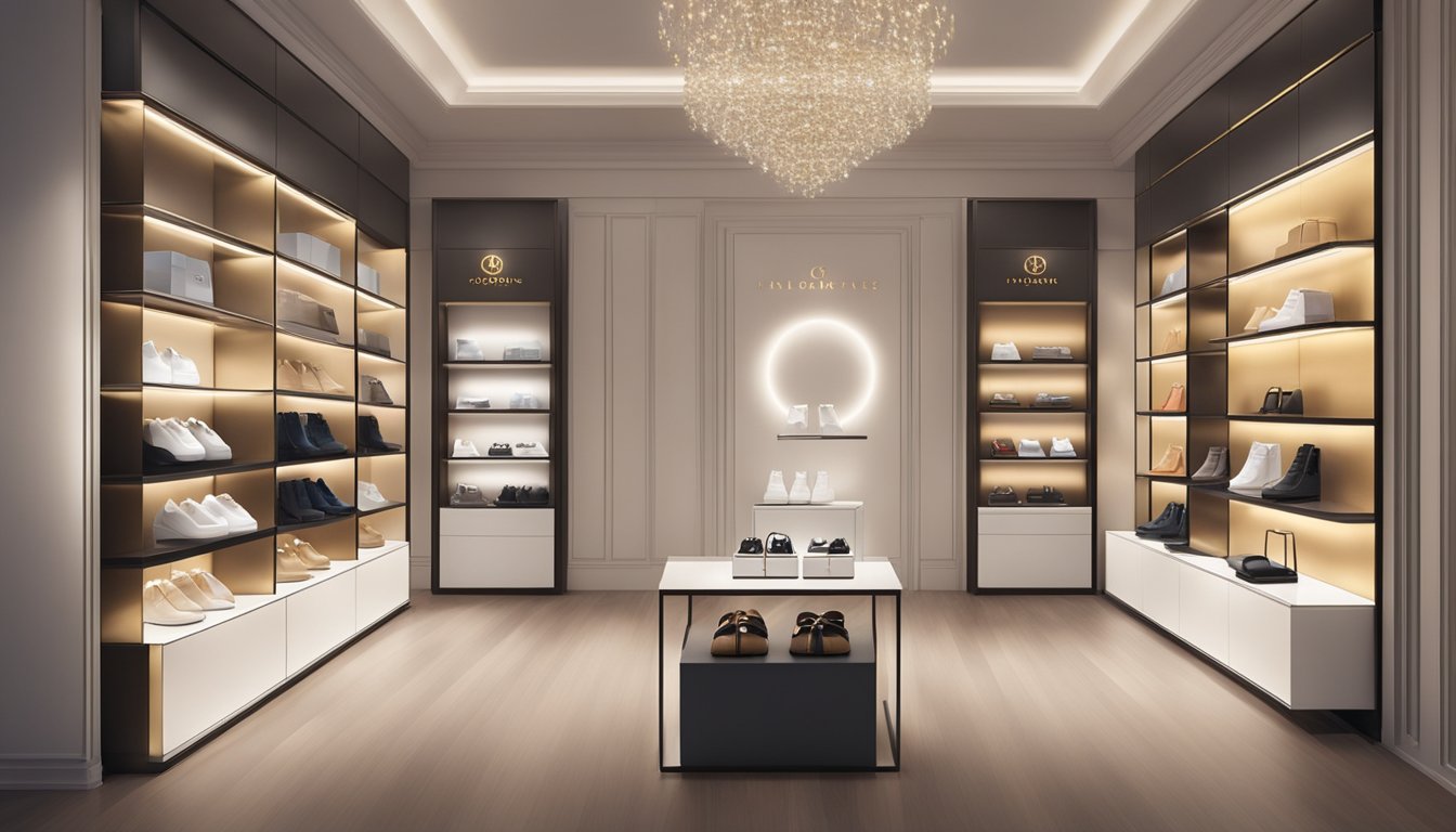 Luxury designer brands displayed on sleek shelves in a high-end boutique. Glowing spotlights highlight the elegant logos and exquisite packaging