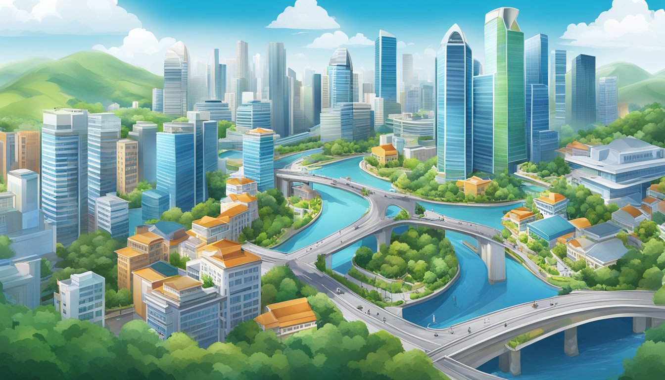 P&G Brands Singapore: A vibrant cityscape with iconic buildings and bustling streets, surrounded by lush greenery and a clear blue sky
