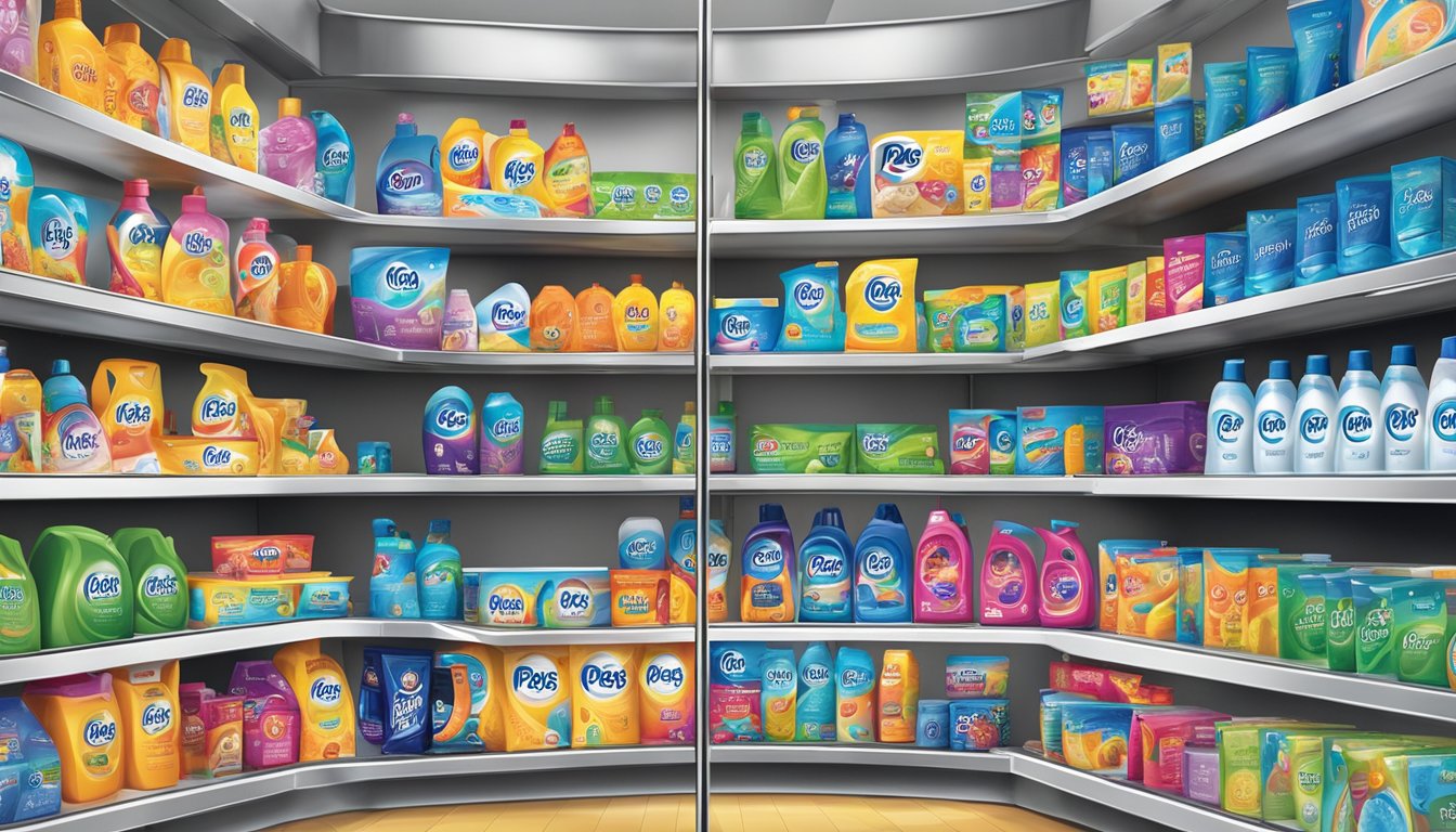 A colorful array of P&G consumer products displayed on shelves with the brand portfolio logo in the background