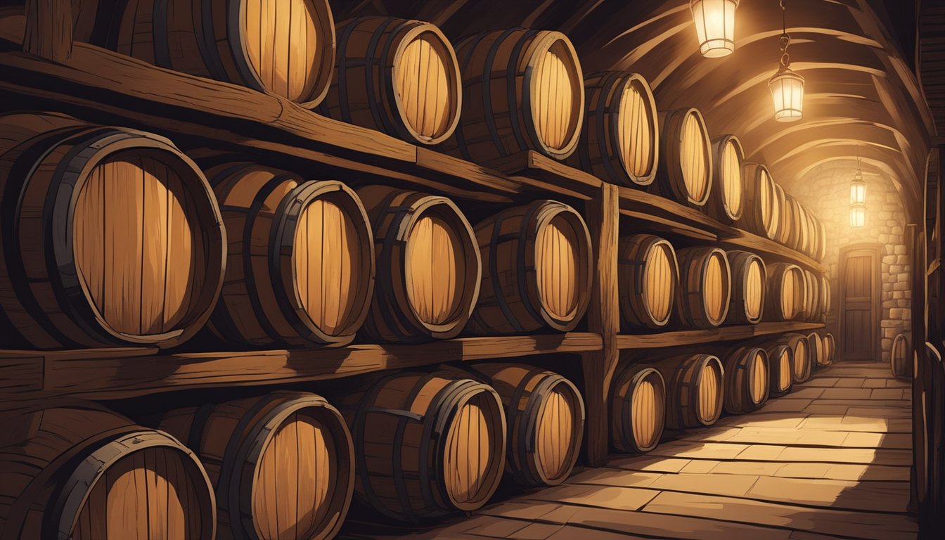 A dimly lit cellar with rows of aging wine barrels and shelves of vintage bottles. The air is heavy with the scent of oak and fermentation