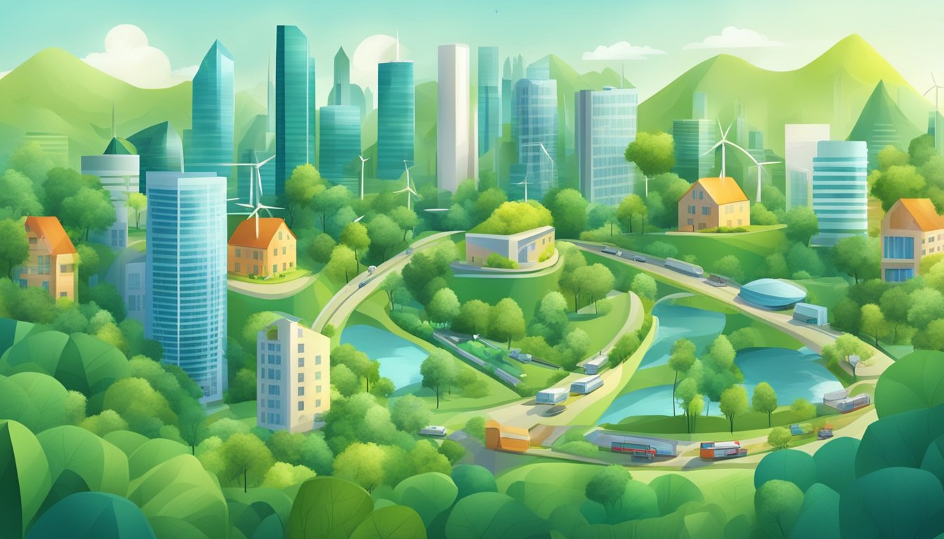 A modern city skyline with eco-friendly buildings and renewable energy sources, surrounded by lush greenery and sustainable transportation options