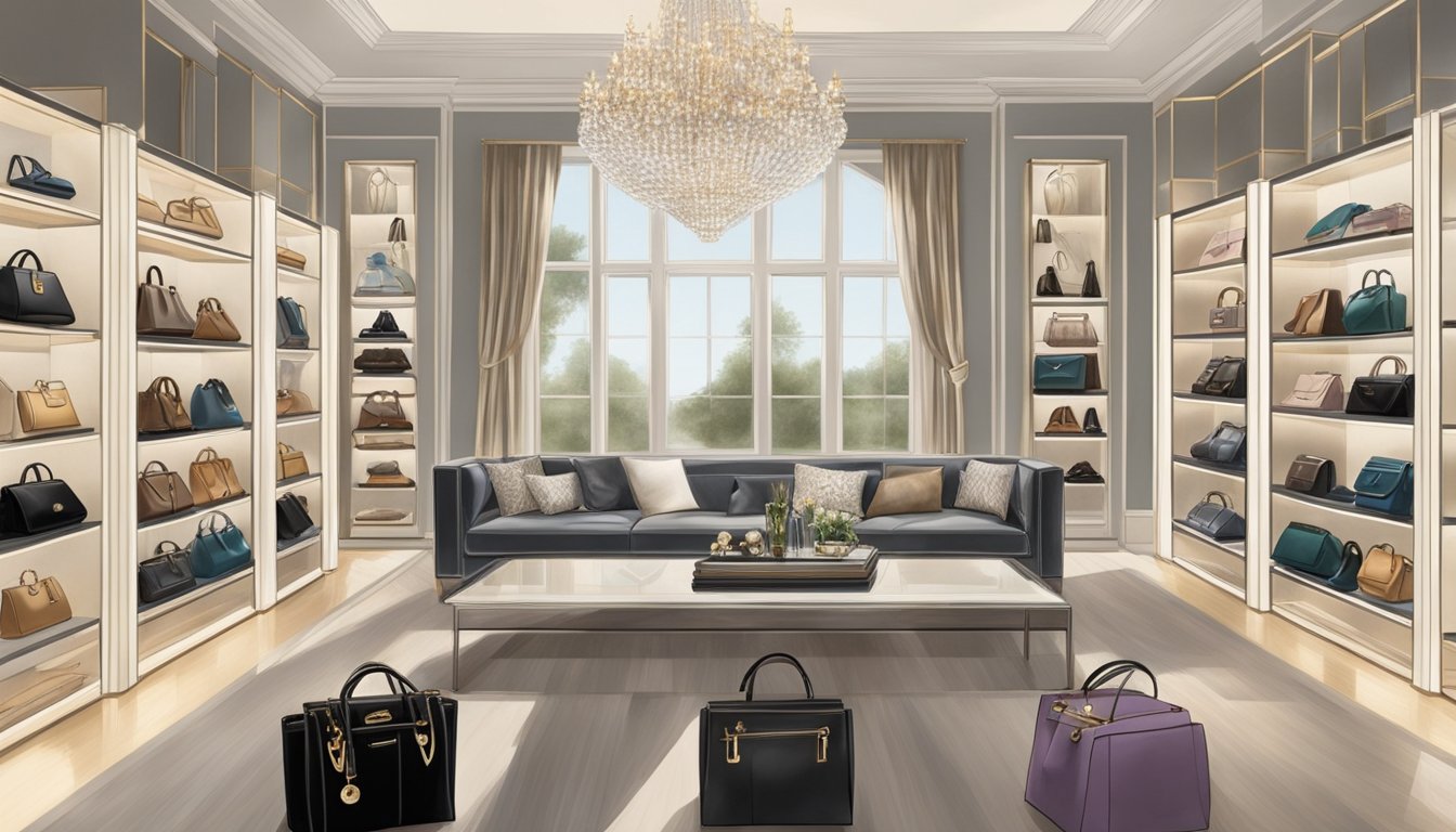 A display of luxurious designer handbags, shoes, and accessories arranged on sleek shelves under soft, flattering lighting. The items exude opulence and sophistication, drawing in the viewer with their allure