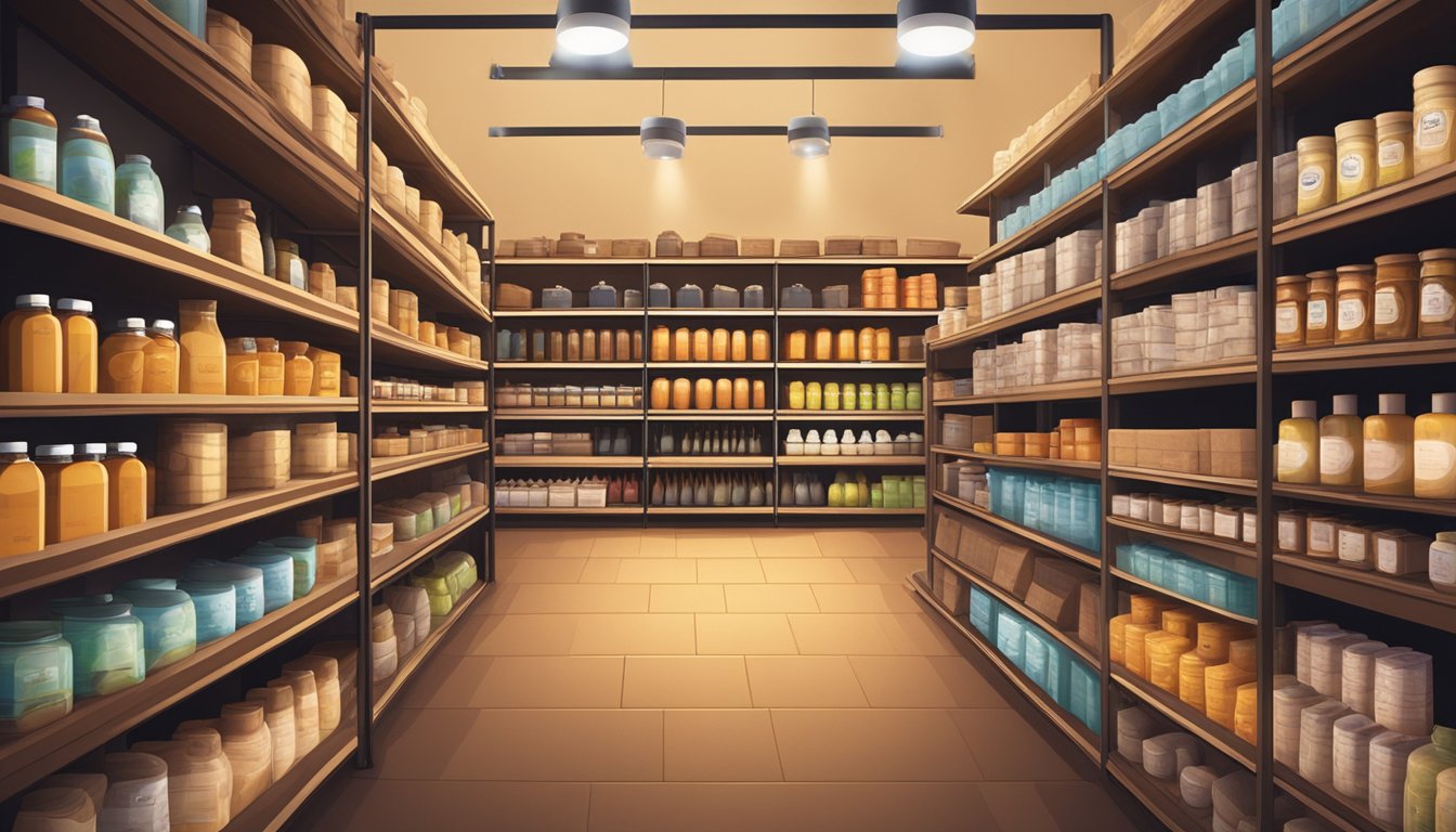 The brand cellar is a spacious room with rows of shelves filled with various products, neatly organized and labeled. The soft lighting casts a warm glow over the space, creating a welcoming atmosphere