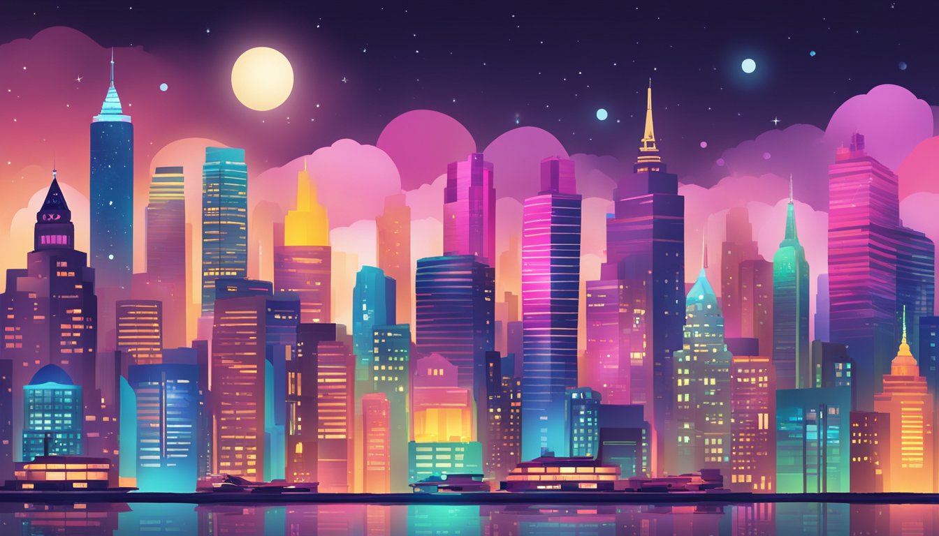 A vibrant city skyline with iconic designer brand logos projected onto buildings, showcasing the cultural impact and modern trends of luxury fashion