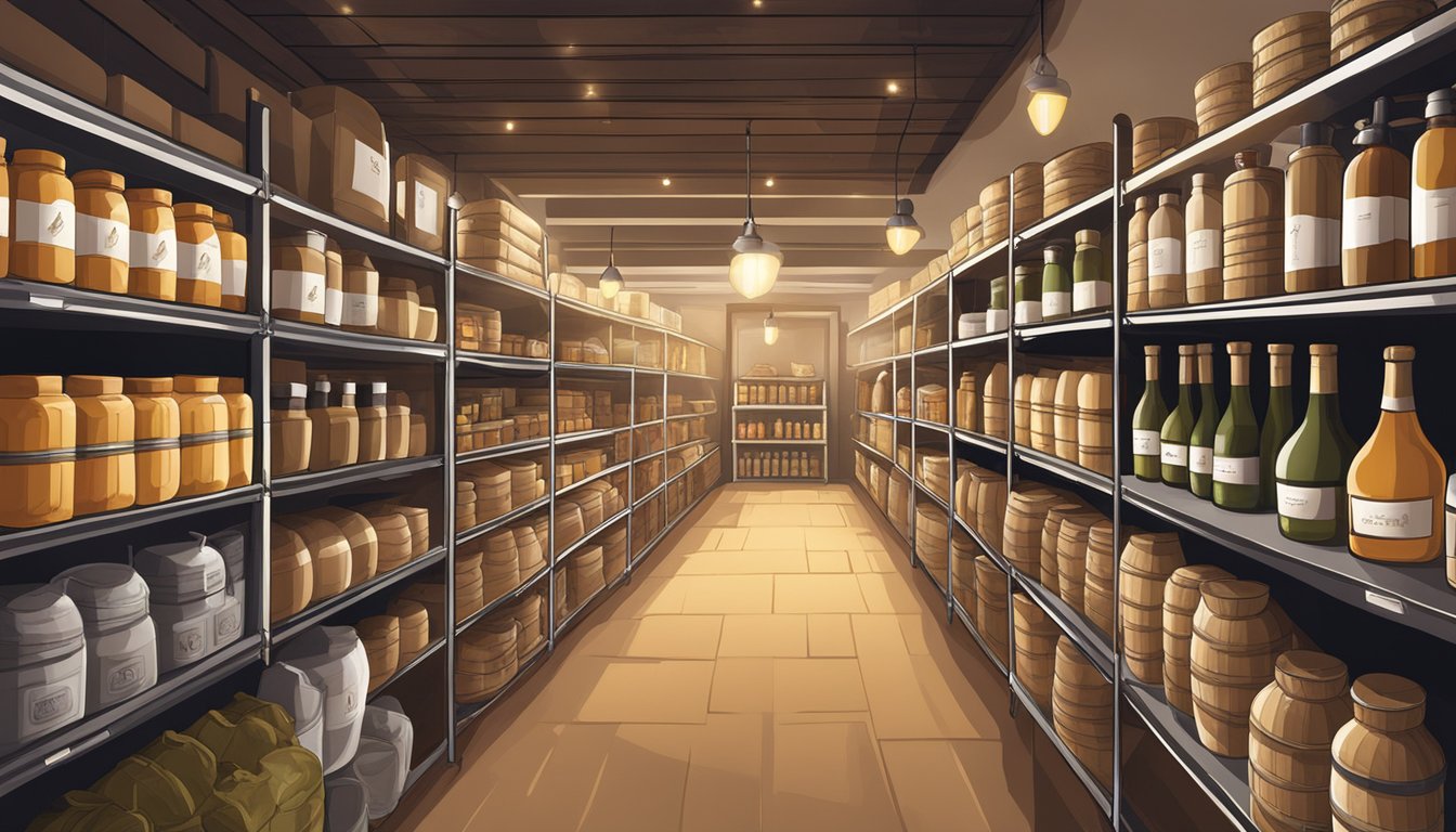 The cellar is filled with rows of branded products, neatly organized and labeled. Soft lighting highlights the various items, creating a warm and inviting atmosphere