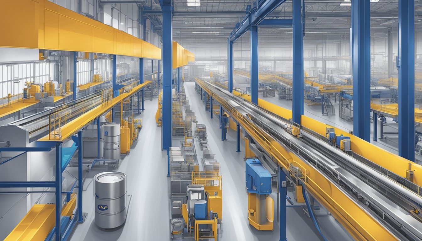 Machinery hums as products move along conveyor belts in a clean, well-lit factory setting, with the P&G logo prominently displayed