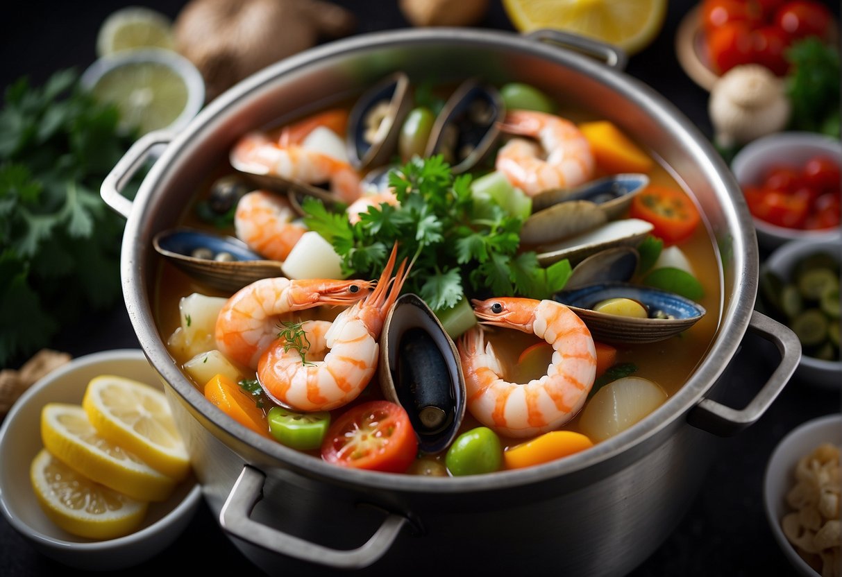 A bubbling hot pot filled with a variety of fresh seafood, surrounded by colorful vegetables and aromatic herbs