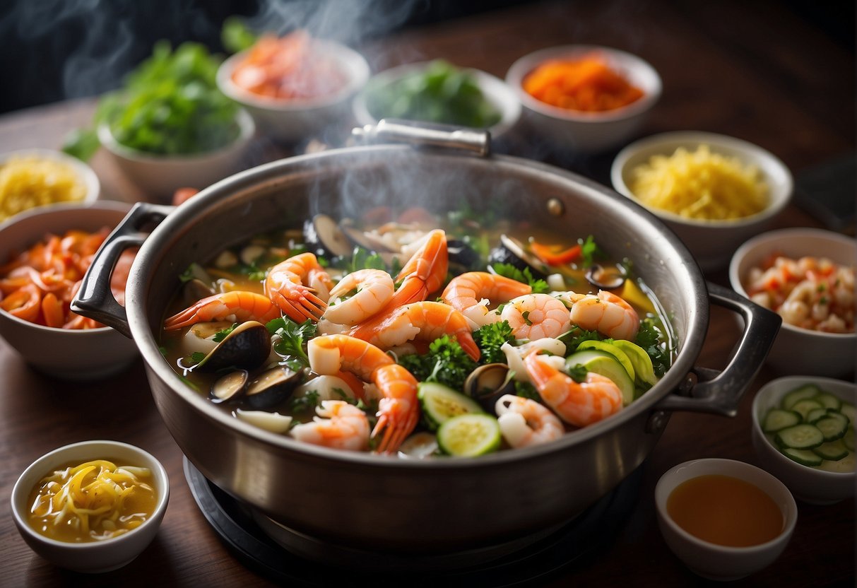 A steaming hot pot filled with a variety of fresh seafood, vegetables, and aromatic herbs, surrounded by a colorful array of condiments and dipping sauces