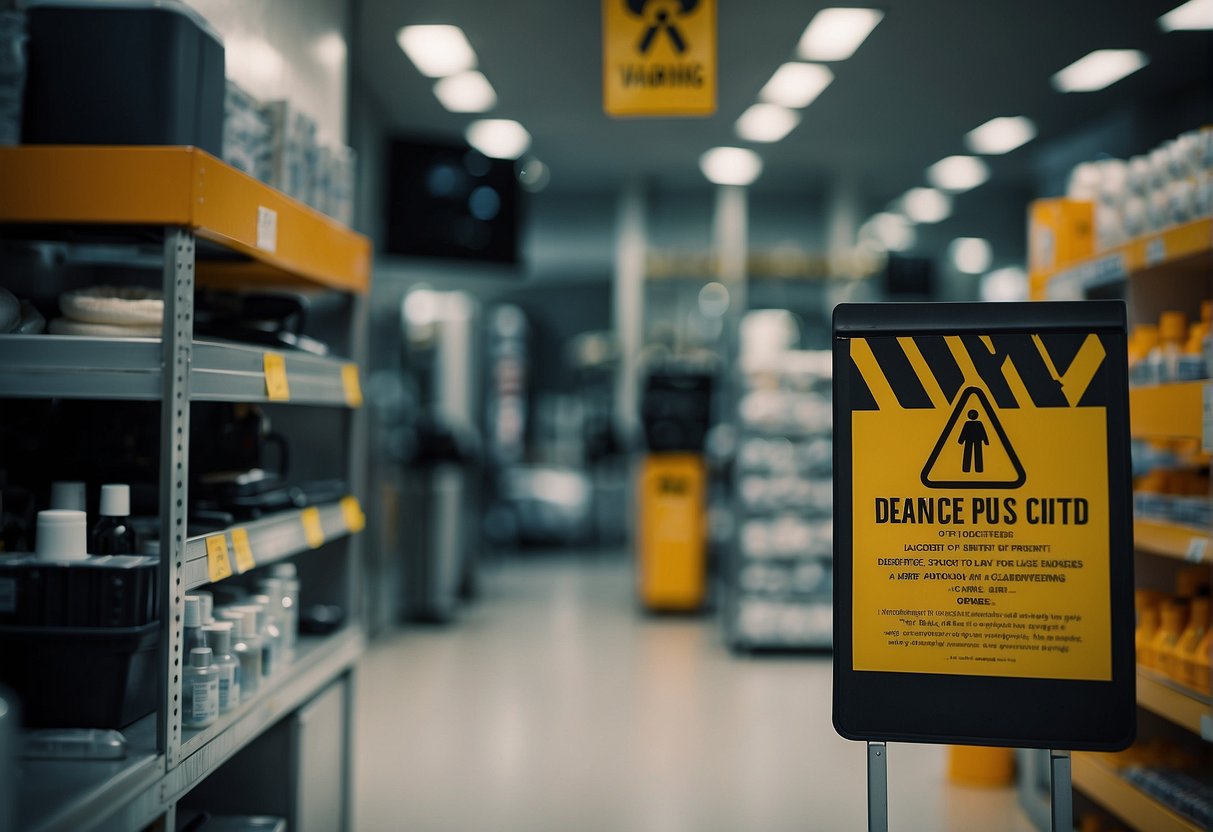 A warning sign with crossed-out pubic hair and a caution symbol, surrounded by depilatory products and safety equipment