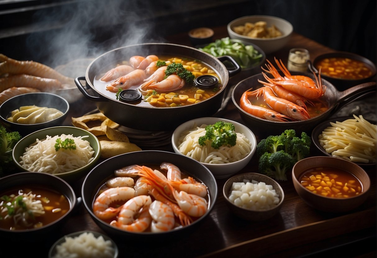 Various seafood ingredients arranged around a simmering hot pot, with chopsticks and condiments nearby. A pot of broth boils on a stove