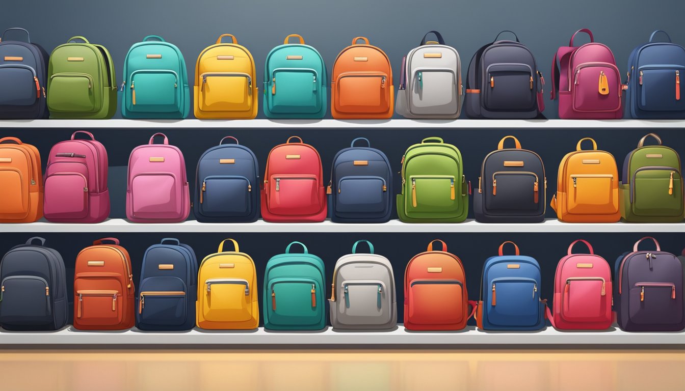 A row of colorful backpacks from various brands displayed on shelves in a modern Singaporean store