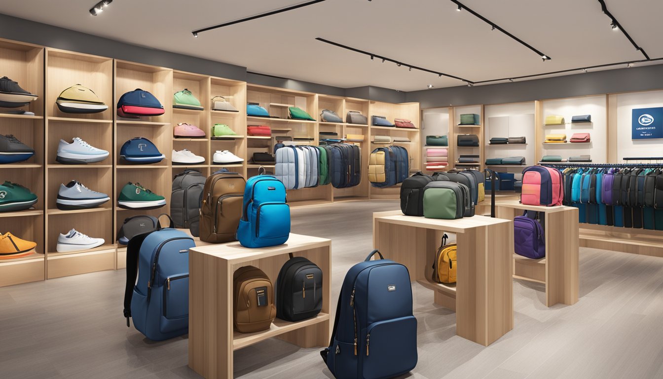 A display of top backpack brands in a modern Singapore store