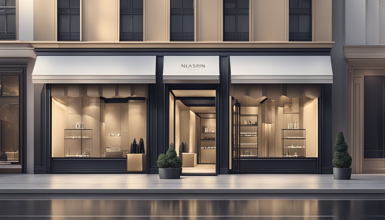 A sleek and sophisticated storefront with minimalist design and high-end branding, evoking luxury and exclusivity