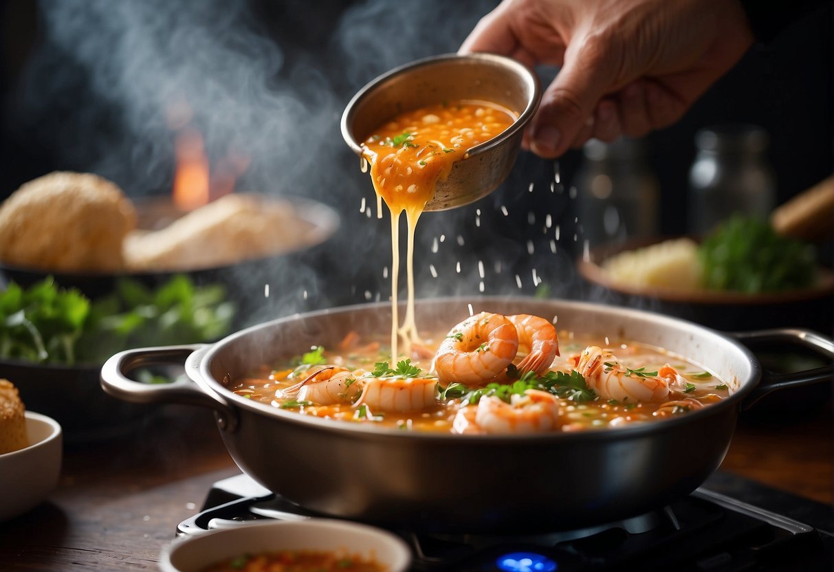 A hand pours savory sauce over a bubbling seafood hot pot, while a sprinkle of seasoning adds a burst of flavor