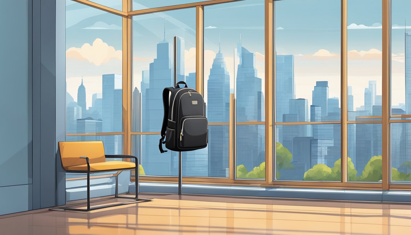 A sleek, modern backpack hangs on a coat rack, with clean lines and functional compartments. A city skyline is visible through a nearby window