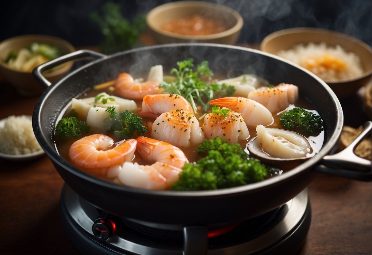 Ingredients simmer in a bubbling seafood hot pot. Chopsticks hover over the steaming pot, ready to pluck out a succulent morsel