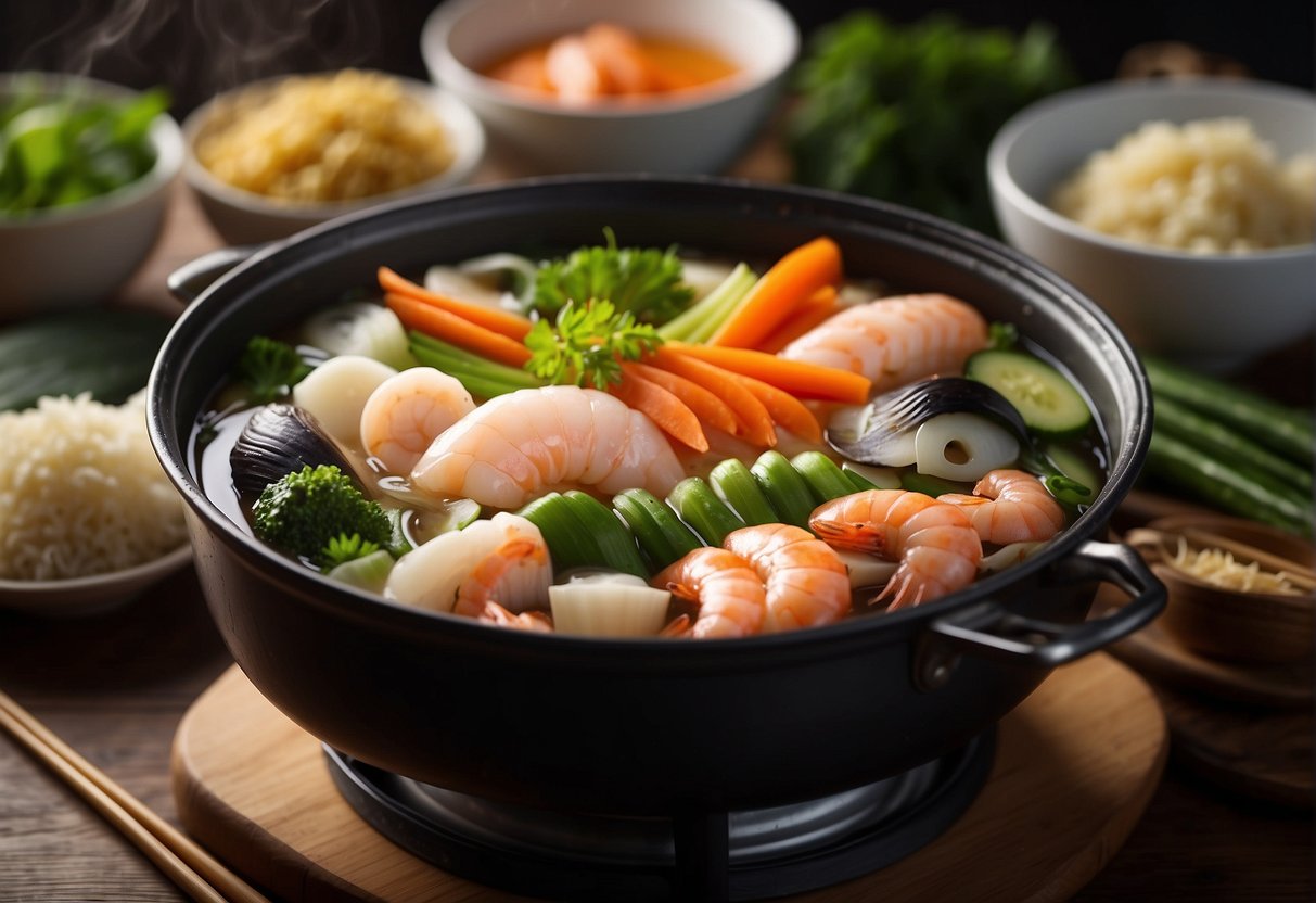 Fresh seafood and vegetables arranged around a bubbling hot pot on a table at home. A steaming broth simmers as chopsticks hover over the ingredients
