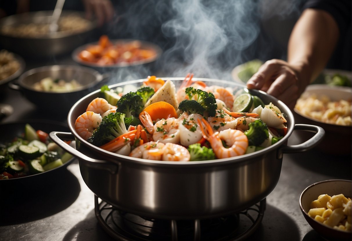 A steaming pot filled with assorted seafood and vegetables, surrounded by eager diners reaching for ingredients