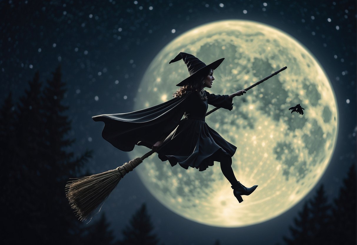 A witch flying on a broomstick over a moonlit forest
