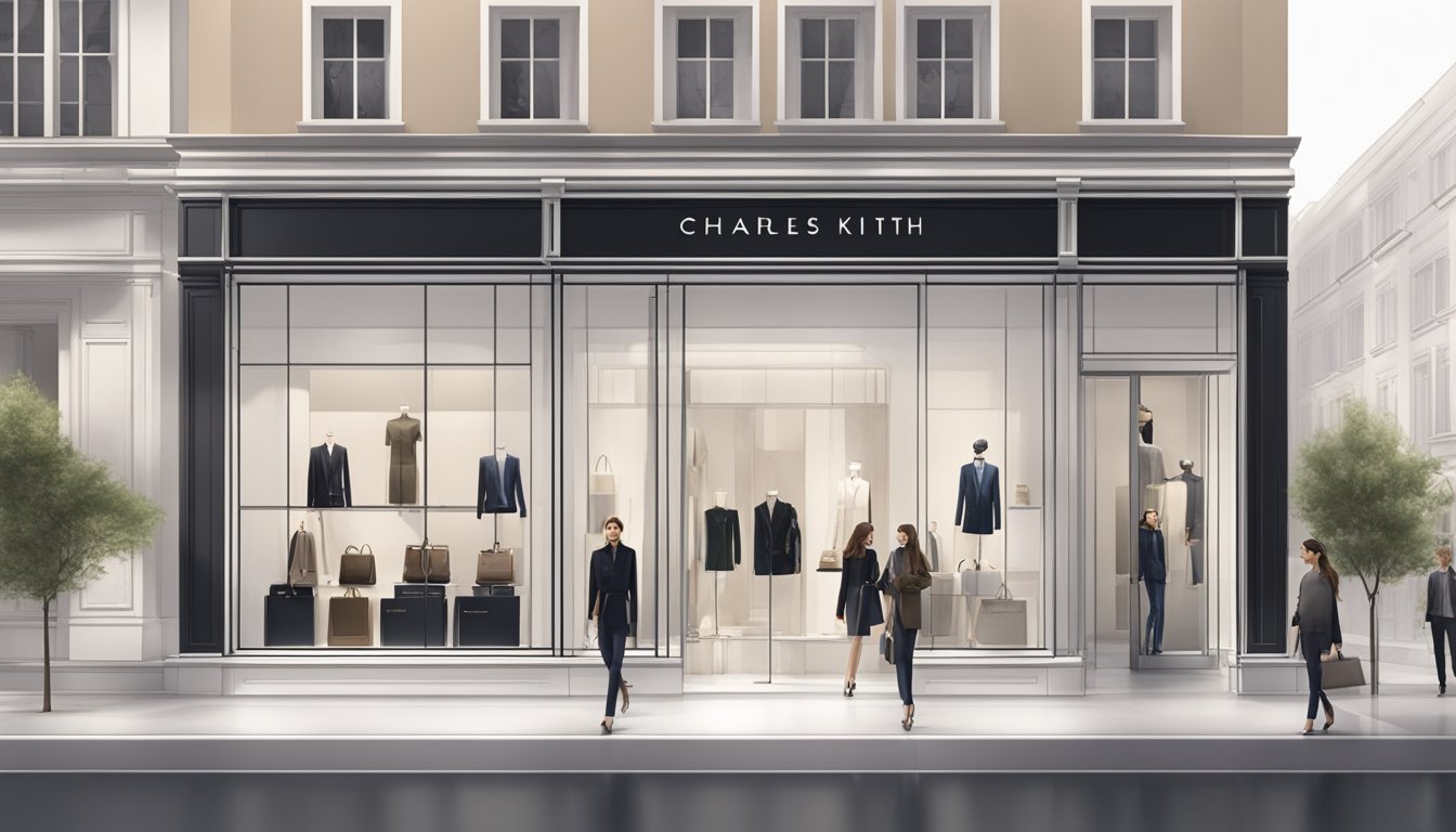 A sleek, modern storefront with elegant branding and a line of engaged customers outside, conveying luxury and consumer interest in Charles and Keith
